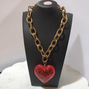 Chunky Gold Tone Chain Necklace With Large Red Crackle Heart Pendant